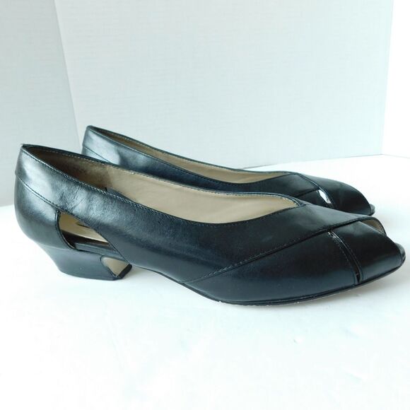 I LOVE COMFORT Shoes VINTAGE Womens 7.5 Black Leather Heels Pumps, Open Toe EUC - Picture 2 of 16